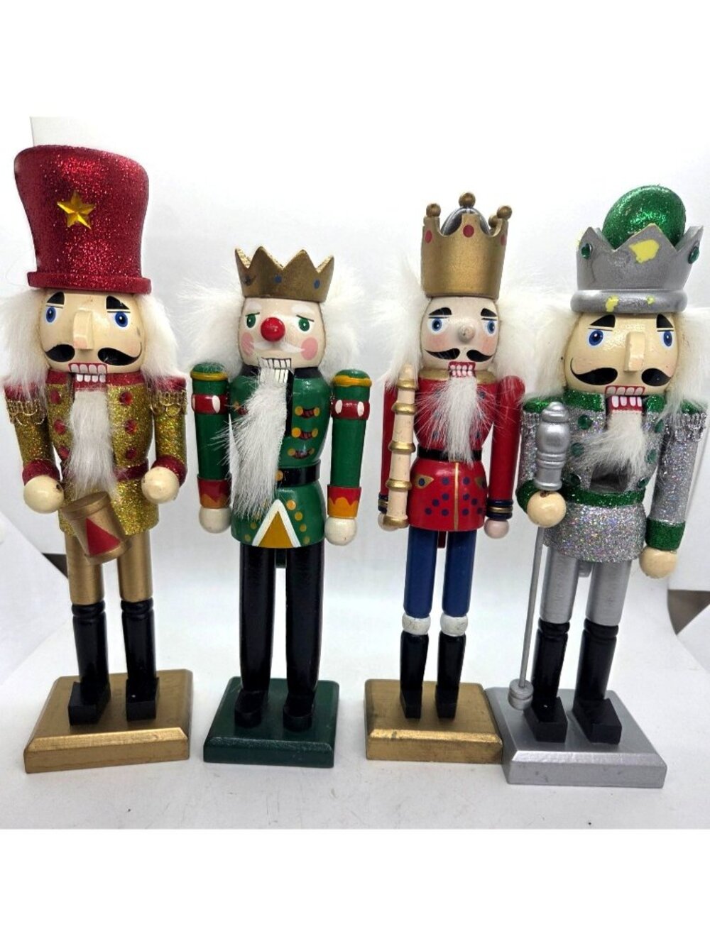 Set 4 Wooden Nutcracker Figurines Christmas Holiday Glitter Accents